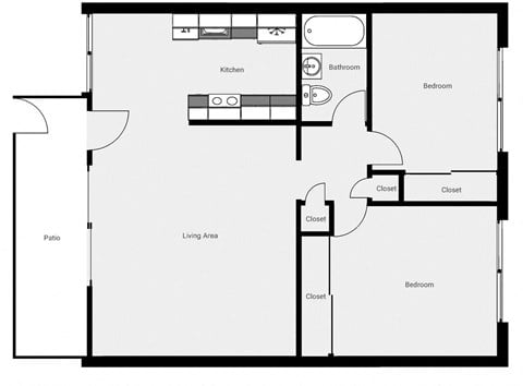 Floor plan for 2 beds, 1 bath, 900 sqft